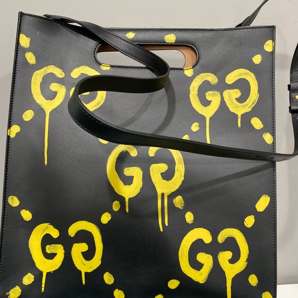 Authentic brand New Gucci Ghost REAL Black Leather Graffiti Tote Bag - Picture 7 of 8